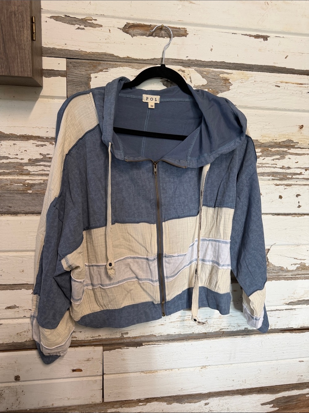 POL Blue and Cream Hooded distressed Zip Bomber Jacket